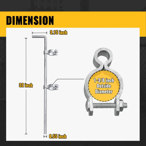Heavy Duty Gate Drop Rod One And Three Eighths Inch By Thirty Two Inch Cane Bolt For Chain Link Fence Stabilizes Single Or Double Gates With Removable Rubber Foot For Extra Stability And Easy Ground Contact 1 Pack showing dimensions