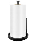 Stainless Steel Freestanding Paper Towel Holder For Countertop with white paper towels and black weighted base.