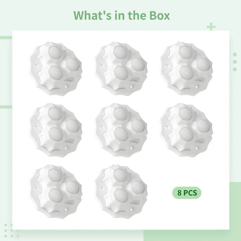 No Sweat Peel And Stick Appliance Casters 8 Pack Built Tough Ball Wheels in white color arranged in grid layout.