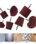 7 Piece Red Non Woven Abrasive Drill Buffing Attachment Set with One Quarter Inch Shank, Assorted Shaped Grinding Heads shown