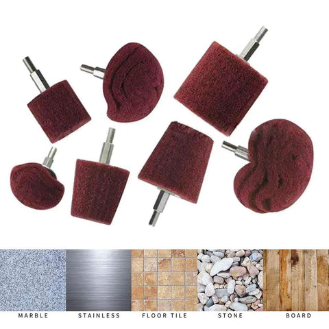 7 Piece Red Non Woven Abrasive Drill Buffing Attachment Set with One Quarter Inch Shank, Assorted Shaped Grinding Heads shown