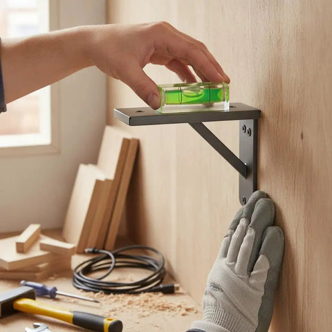 Bubble Level Vial, Spirit Level on a shelf during installation, measuring horizontal alignment with a hand.