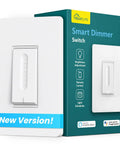 Hella Smooth WiFi Smart Dimmer Switch For Single Pole Wiring With Alexa And Google Home Control, white, includes packaging, brightness adjustment feature.