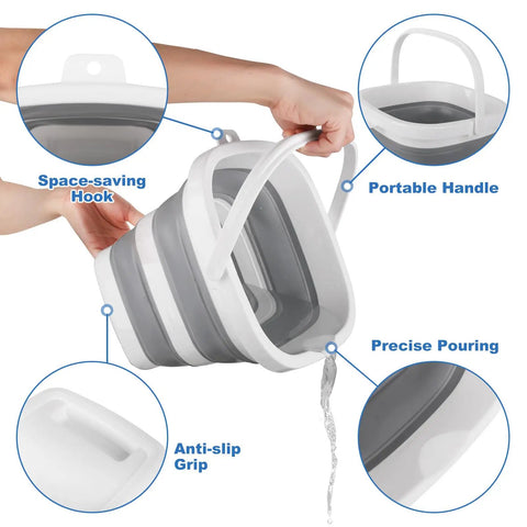 5L Collapsible Cleaning Bucket With Triple Reinforced Frame for Camping and Outdoor Use, showing handle and pouring feature.