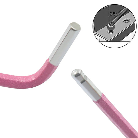 Close-up of 2Mm Ball End Hex Keys Set With Long Arm L Shaped Allen Wrenches in pink chrome S2 steel, angled detail view.