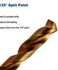 Close-up of a titanium nitride coated drill bit showing 135° split point used in Pack of 6 1/8-Inch Titanium Nitride Coated Drill Bits.
