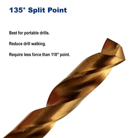 Close-up of a titanium nitride coated drill bit showing 135° split point used in Pack of 6 1/8-Inch Titanium Nitride Coated Drill Bits.