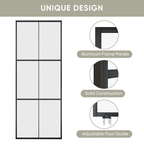 Three Panel Glass Sliding Barn Door 30x84 Inches, Black Aluminum Frame With Clear Tempered Glass, Easy To Install Features