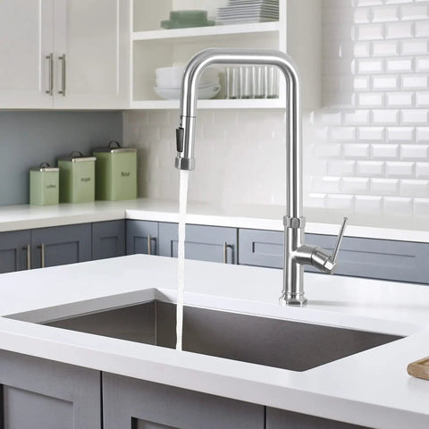 Brushed Nickel Pull Down Kitchen Faucet With Dual Function Spray Head Single Handle Deck Plate Included Fits 1 Or 3 Hole Sinks