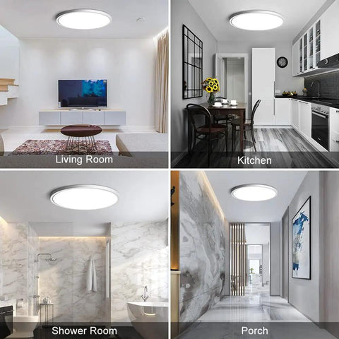 12 Inch Ultra Thin LED Flush Mount Ceiling Light Fixture Daylight White 5000K in living room, kitchen, shower, and porch settings