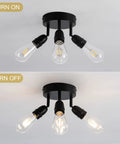 Three Light Flush Mount Ceiling Fixture In Matte Black Finish Dope Farmhouse Style Lighting, lit and unlit views