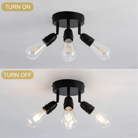 Three Light Flush Mount Ceiling Fixture In Matte Black Finish Dope Farmhouse Style Lighting, lit and unlit views
