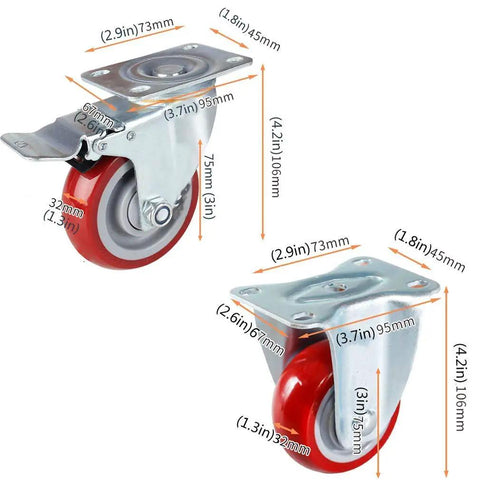 Heavy Duty Swivel Furniture Casters Four Piece Set Five Inch Polyurethane Treads with dual locking brakes and metal mounting plate.