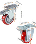 Rolls Like Butter 5Inch Red Polyurethane Swivel Castor Wheels With Brakes 4Pack showing dimensions and details of heavy duty casters.