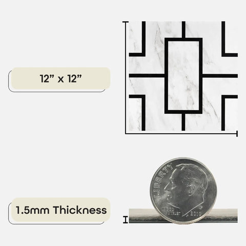 Retro Peel And Stick 12-Inch Vinyl Floor Tiles, Pack Of 20, showing tile pattern and 1.5mm thickness comparison to a coin.