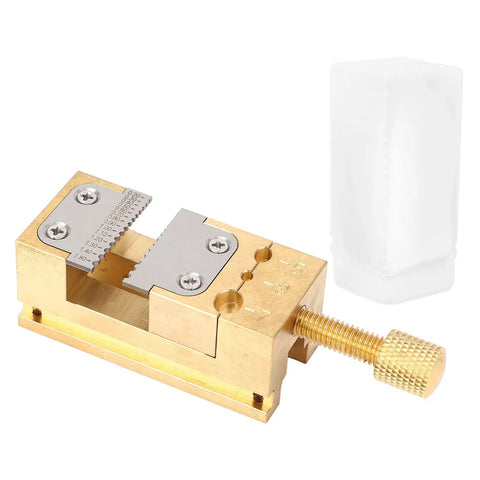 Brass Watch Repair Vise Clamp Kit With 0.2-1.5mm hole range showing copper clamp and adjustment screw for horology.