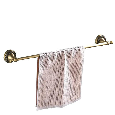 Antique Brass Bathroom Accessories 4 Piece Wave Pattern Wall Mount Set With Adjustable Towel Bar Extending From 16.7 To 29.1 Inches