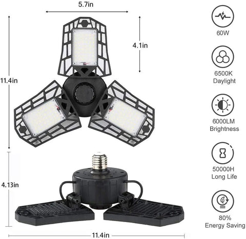 Ultra Bright Garage LED Ceiling Lights Pack Of 2, 6000 Lumen 6500K Daylight, 60W Total, Foldable Three Leaf Panels dimensions