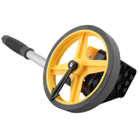 Measuring Wheel with Foldable Telescopic Handle, 0-9999.9m Range, yellow wheel and gray handle, designed for accurate distance measurement.