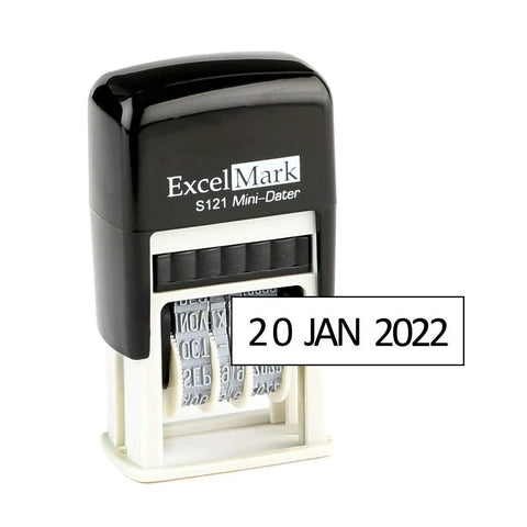 Heavy Duty Self Inking Date Stamp With Military And Euro Styling Prints Sharp Black Ink Dates For Over A Decade Of Daily Grind Keeps Your Files Clean Without Reinking Headaches. ExcelMark S121 Mini-Dater with clear date display.