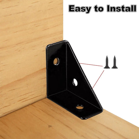 40 Pack Bulletproof Stainless Steel Corner Brackets For Wood Furniture Assembly Rust Resistant Triangle Angle Connectors Heavy Duty black metal L brace installed on a wooden corner.