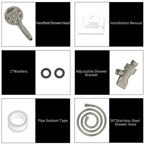 Shower Head With Handheld Sprayer, 9 Function High Pressure Modes, stainless steel hose, adjustable bracket, installation kit items