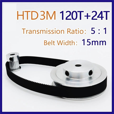 Cool HTD Synchronous Pulley Kit With 120T And 24T Gears, Solid Steel Or Aluminum Build For Precision Drives, 3M Belt Width, Smooth Power Transmission, Custom Bore Sizes Like 10mm Or 25mm To Fit Your Motor Shaft Perfectly. HTD3M 120T+24T pulley kit with 15mm belt and aluminum gears