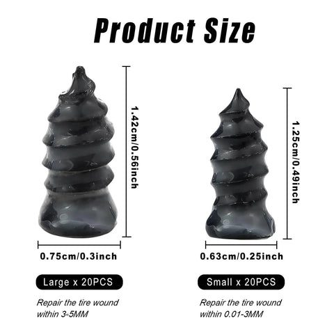 40 Piece Tire Repair Kit With Rubber Nails And Screw Plugs, showing large and small plug sizes with dimensions.