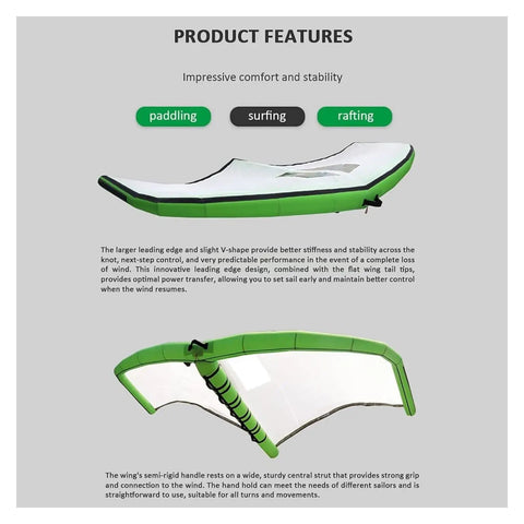 Inflatable Windsurf Wing With Tear Resistant Nylon, Full Shape Air Retention For Windsurfing, Wing Foil, Kitesurfing, And Snow Skiing, Built Tough With Easy Inflation And No Fuss Control, featuring product features and use cases.