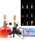 Pro Grade Brass Bunsen Burner With Tripod Stand, large capacity gas torch for heating and soldering, showing adjustable flame examples