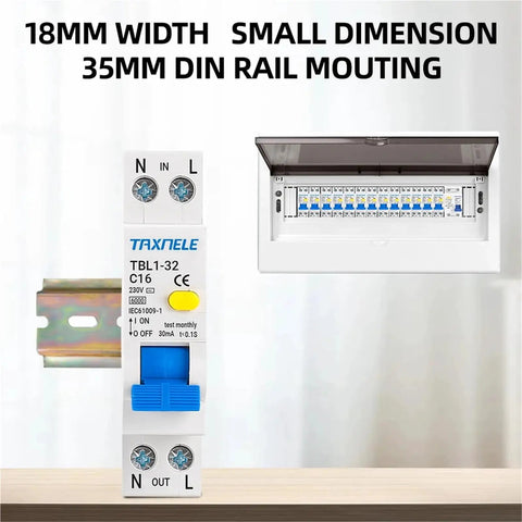 Top Shelf 18mm Din Rail RCBO Residual Current Differential Automatic Circuit Breaker 230V with test button and mounting features.