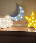 Three Piece 3D Moon Cloud Star LED Night Light Set for Kids and Adults on shelf, decorative room accent lighting
