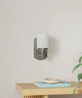 Modern Sleek Brushed Nickel Bath Vanity Light Fixture With White Linen Frosted Glass Shades Wall Sconce Duo for Bathroom