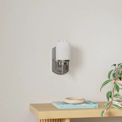 Modern Sleek Brushed Nickel Bath Vanity Light Fixture With White Linen Frosted Glass Shades Wall Sconce Duo for Bathroom