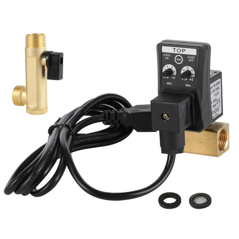 110V Automatic Timed Water Tank Drain Valve Two Way Direct Acting With Ten Inch Braided Steel Hose One Quarter Inch NPT Threads