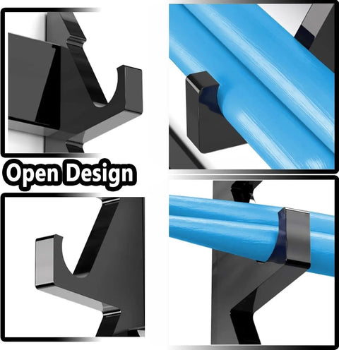 Heavy Duty Black Acrylic Drumstick Holder, Slick Floor Standing Rack For Ten Sticks And Mallets, Badass Percussion Gear Organizer showing open design for easy access.