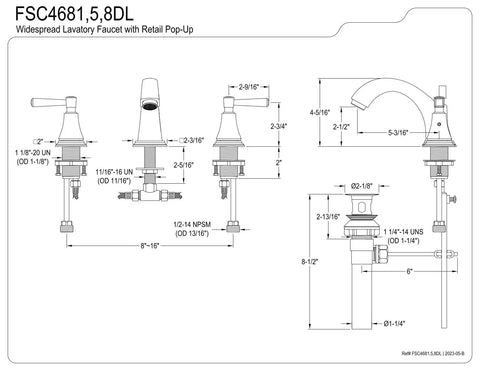 Technical diagram of Concord FSC4688DL Widespread Bathroom Faucet, showing dimensions, parts, and installation details.