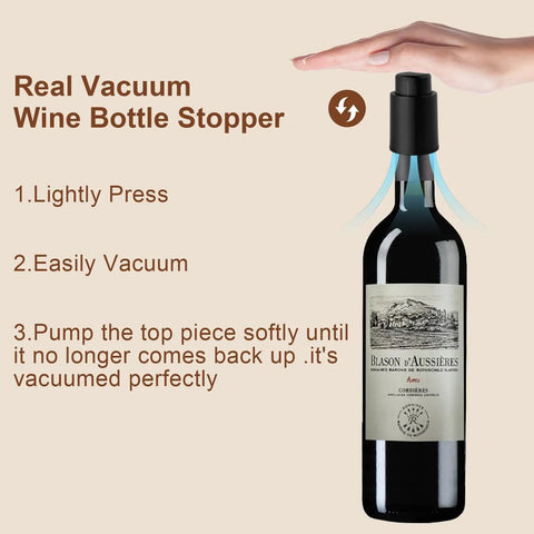 Two Pack Premium Vacuum Wine Stopper Set With Time Scale Airtight Wine Bottle Preserver next to wine bottle with instructions