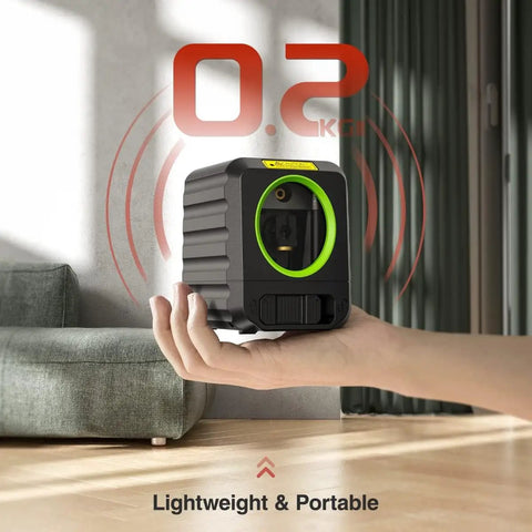 Red Cross Line Laser Level For Picture Hanging And Tile Work, 100 Foot Range; compact design held in hand indoors.