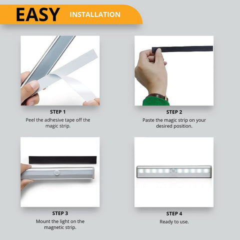 Easy installation steps for Battery Operated LED Motion Sensor Lights Stick On Under Cabinet Lighting With 10 LEDs Magnetic Wireless Night Lights