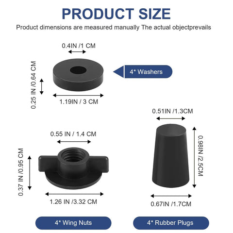 Water Filter Maintenance Kit With Silicone Blocking Plugs, Washers And Wing Nuts For Gravity Water Filter Systems, dimensions chart