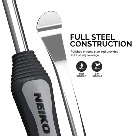 5-Piece Tire Lever Set With 11.5 Inch Hardened Steel Spoons, close-up of chrome spoon and grip handle highlighted