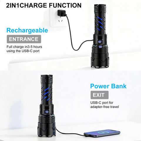 Rechargeable UV Flashlight 3 In 1 Black Light LED Tactical Flashlight, 2000 Lumens charging phone via USB-C
