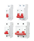 Straight Up Rock Solid MCB Circuit Breaker 1P 2P Overload Protection Switch Featuring Clear Visual Status Window For Industrial Motors Outdoor Signage And Farm Pump Circuits, showcasing four models with dual red switches.