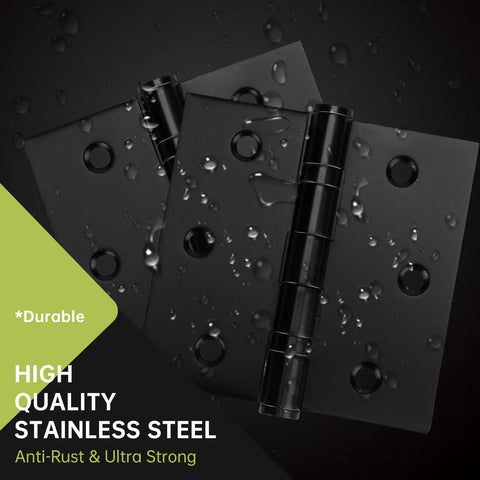Three Pack Black Door Hinges 3.5 X 3.5 Inches Heavy Duty Stainless Steel Ball Bearing Hinges With Screws Powder Coated Rust Proof Square Corner Smooth And Quiet For Interior Doors, black stainless steel hinge close-up