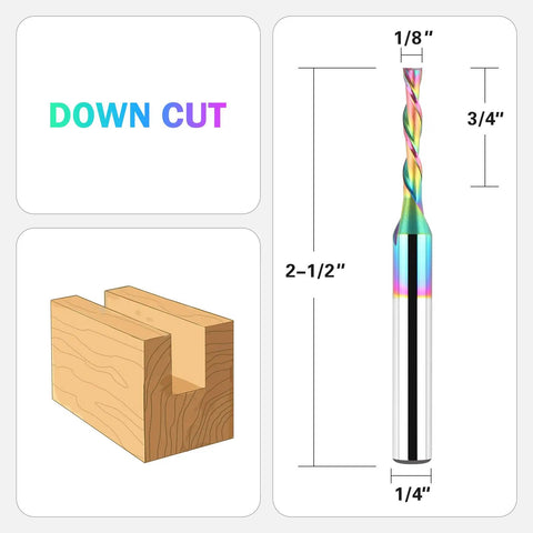 Spiral Downcut Router Bit Heavy Duty One Eighth Inch Cutting Diameter One Quarter Inch Shank Solid Carbide CNC End Mill With TAC Coating For Wood Carving Engraving And Grinding Built To Last, illustrated diagram and wood cut