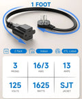 Ultra Thin Flat Plug Extension Cord 1Ft Right Angle Low Profile 3 Prong Grounded Power Cable Indoor Space Saver 16AWG 13A 1625W