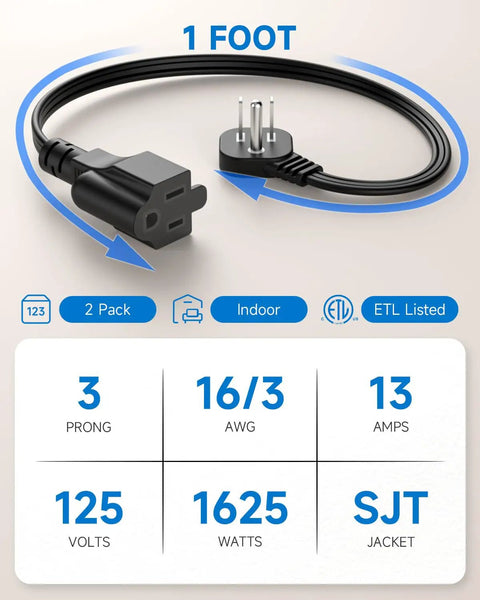 Ultra Thin Flat Plug Extension Cord 1Ft Right Angle Low Profile 3 Prong Grounded Power Cable Indoor Space Saver 16AWG 13A 1625W