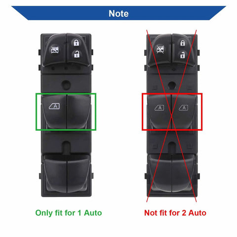 Side-by-side comparison of power window switches, left fits 1 Auto, right doesn't fit 2 Auto for Nissan 2011-2019 models.