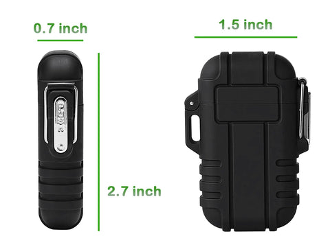 Side and front view of 2 Pack Waterproof Lighters For Outdoors, Windproof Torch And USB Rechargeable Arc Lighters with size dimensions.